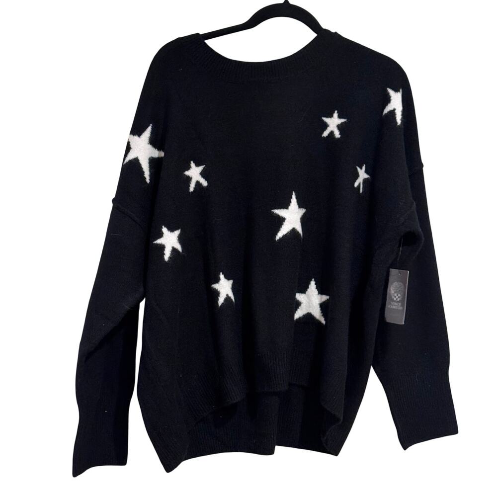 Vince Camuto Crewneck Lurex Star Sweater in Rich Black White Stars Size XL NWT - Picture 4 of 10